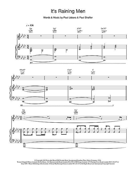 Geri Halliwell It's Raining Men sheet music notes and chords. Download Printable PDF.