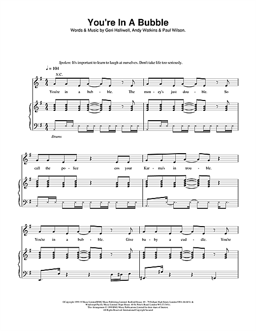 Learn to play Geri Halliwell You're In A Bubble sheet music for Piano, Vocal & Guitar in minutes. Price: 7.8900$ Geri Halliwell You're In A Bubble sheet music notes and chords. Download Printable PDF.