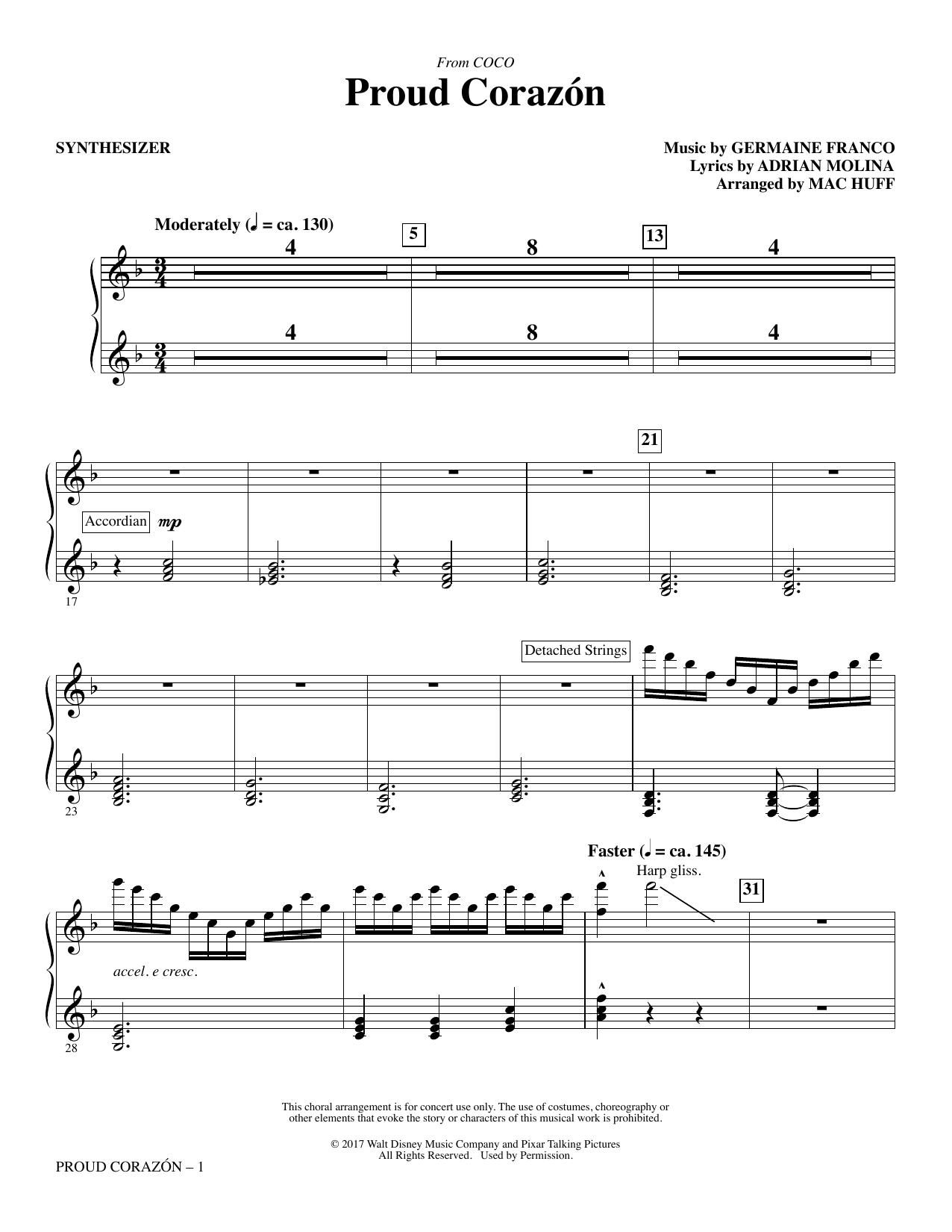 Learn to play Germaine Franco & Adrian Molina Proud Corazon (from Coco) (arr. Mac Huff) - Synthesizer sheet music for Choir Instrumental Pak in minutes. Germaine Franco & Adrian Molina Proud Corazon (from Coco) (arr. Mac Huff) - Synthesizer sheet music notes and chords. Download Printable PDF.