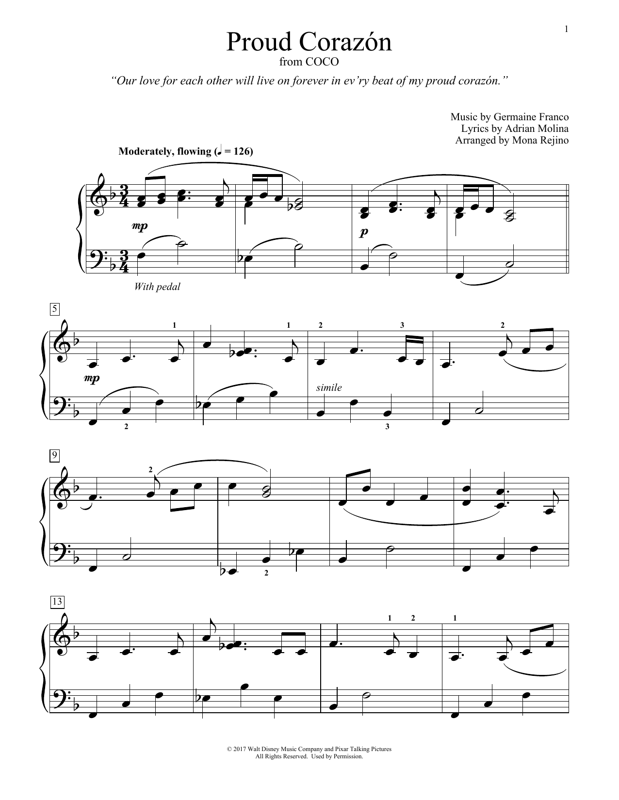Learn to play Germaine Franco & Adrian Molina Proud Corazon (from Coco) (arr. Mona Rejino) sheet music for Educational Piano in minutes. Price: 6.9900$ Germaine Franco & Adrian Molina Proud Corazon (from Coco) (arr. Mona Rejino) sheet music notes and chords arranged for Educational Piano