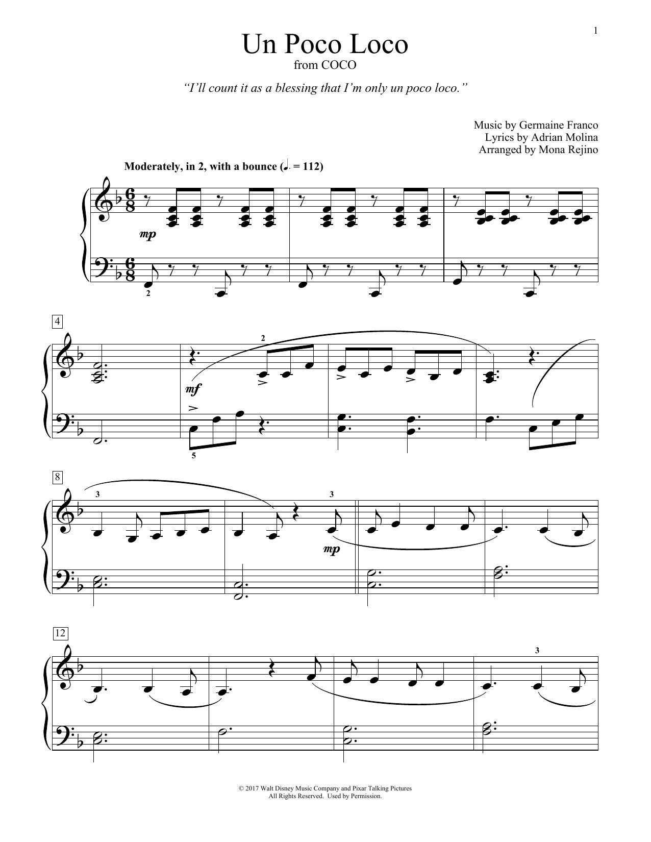 Learn to play Germaine Franco & Adrian Molina Un Poco Loco (from Coco) (arr. Mona Rejino) sheet music for Educational Piano in minutes. Price: 6.9900$ Germaine Franco & Adrian Molina Un Poco Loco (from Coco) (arr. Mona Rejino) sheet music notes and chords arranged for Educational Piano