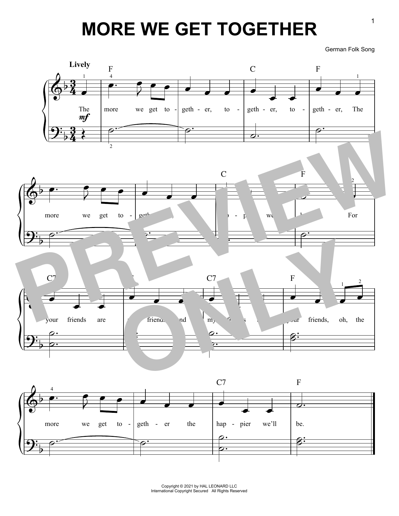 Learn to play German Folk Song More We Get Together sheet music for Easy Piano in minutes. Price: 6.9900$ German Folk Song More We Get Together sheet music notes and chords arranged for Easy Piano
