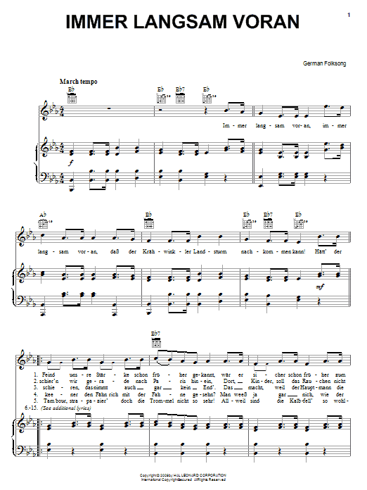 Learn to play German Folk Song Immer Langsam Voran sheet music for Piano, Vocal & Guitar (Right-Hand Melody) in minutes. German Folk Song Immer Langsam Voran sheet music notes and chords. Download Printable PDF.