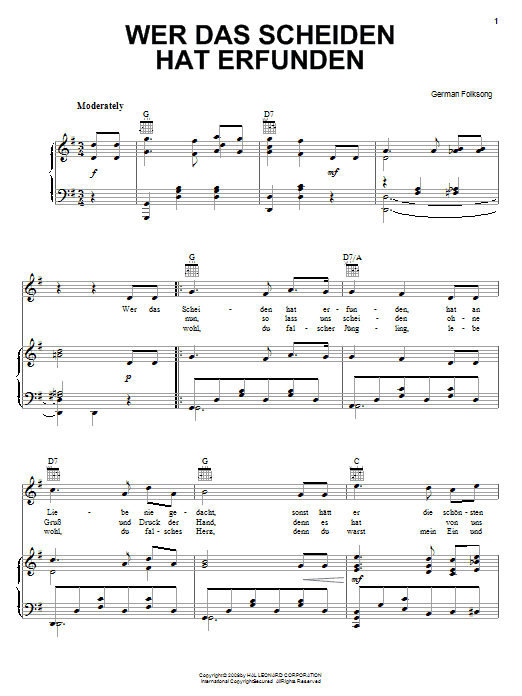 Learn to play German Folksong Wer Das Scheiden Hat Erfunden (He Knew Not To Love) sheet music for Piano, Vocal & Guitar (Right-Hand Melody) in minutes. German Folksong Wer Das Scheiden Hat Erfunden (He Knew Not To Love) sheet music notes and chords. Download Printable PDF.