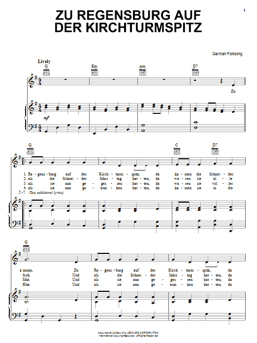 Learn to play German Folk Song Zu Regensburg Auf Der Kirchturmspitz sheet music for Piano, Vocal & Guitar (Right-Hand Melody) in minutes. German Folk Song Zu Regensburg Auf Der Kirchturmspitz sheet music notes and chords. Download Printable PDF.