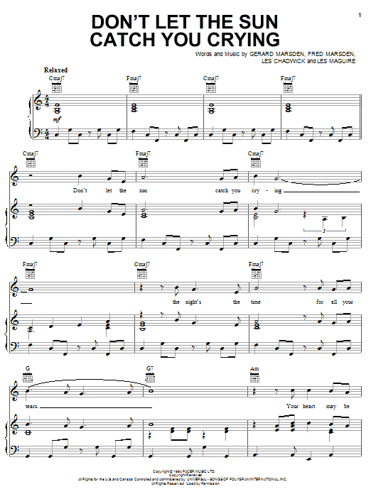 Learn to play Gerry & The Pacemakers Don't Let The Sun Catch You Crying sheet music for Easy Lead Sheet / Fake Book in minutes. Price: 5.9900$ Gerry & The Pacemakers Don't Let The Sun Catch You Crying sheet music notes and chords arranged for Easy Lead Sheet / Fake Book