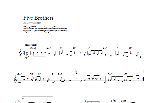 Gerry Mulligan Five Brothers sheet music notes and chords. Download Printable PDF.