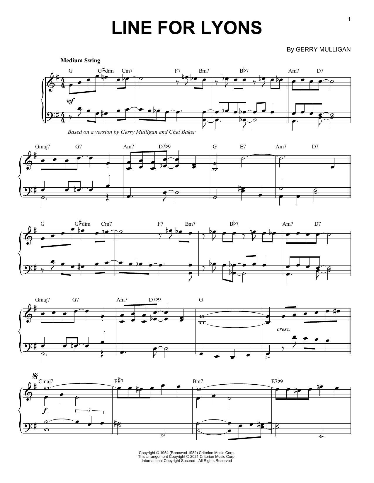 Gerry Mulligan Line For Lyons [Jazz version] (arr. Brent Edstrom) sheet music notes and chords arranged for Piano Solo