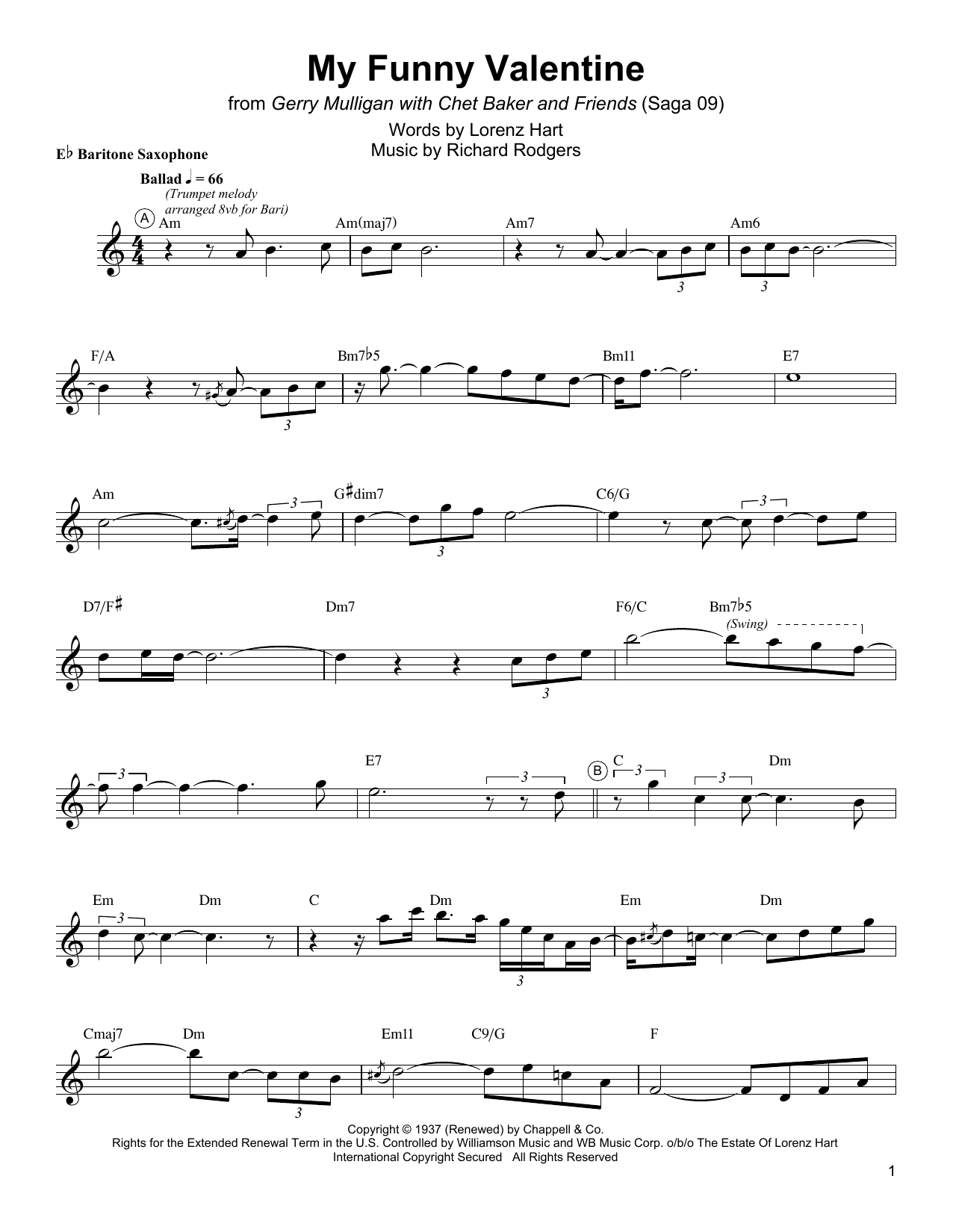 Gerry Mulligan My Funny Valentine sheet music notes and chords. Download Printable PDF.