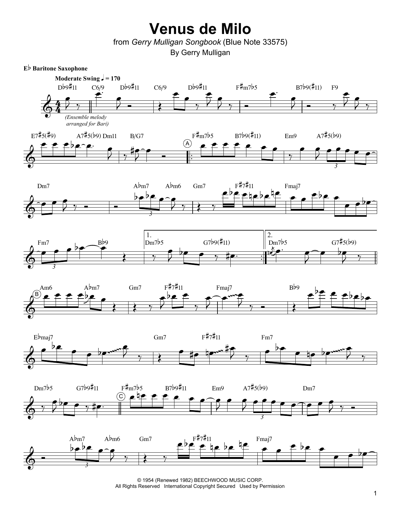 Gerry Mulligan Venus De Milo sheet music notes and chords. Download Printable PDF.