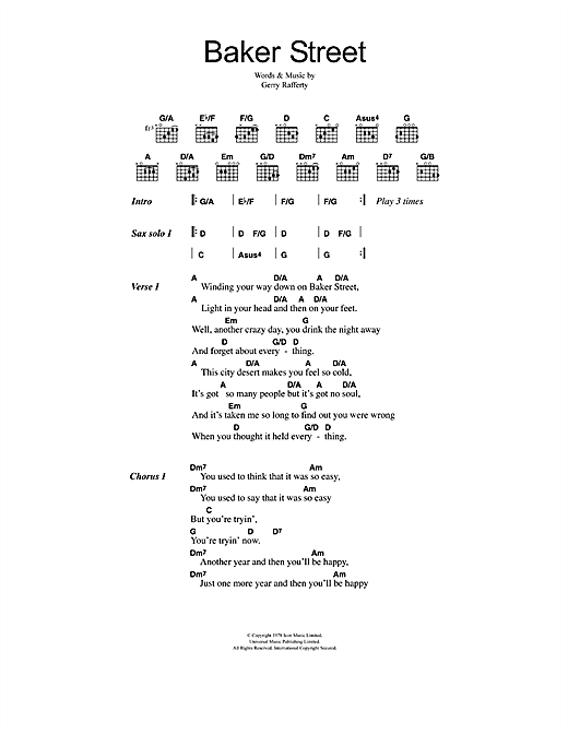 Gerry Rafferty Baker Street sheet music notes and chords. Download Printable PDF.