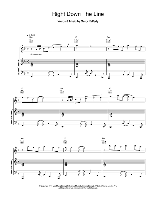 Preview Gerry Rafferty Right Down The Line Rock sheet music, notes and chords for Piano, Vocal & Guitar (Right-Hand Melody), SKU: 15689 sheet music, piano notes, chords, guitar tabs, score, transpose, transcribe, how to play, guide, download, learn, tutorial, progression, song, artist, awards, billboard, mtv, vh1, tour, single, album, release