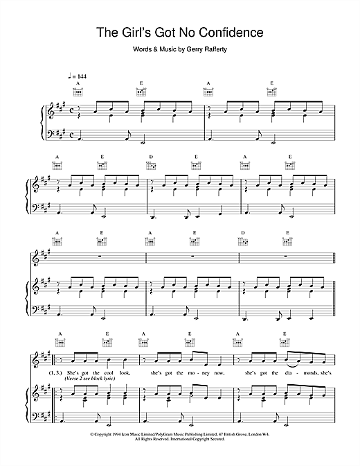 Gerry Rafferty The Girl's Got No Confidence sheet music notes and chords. Download Printable PDF.