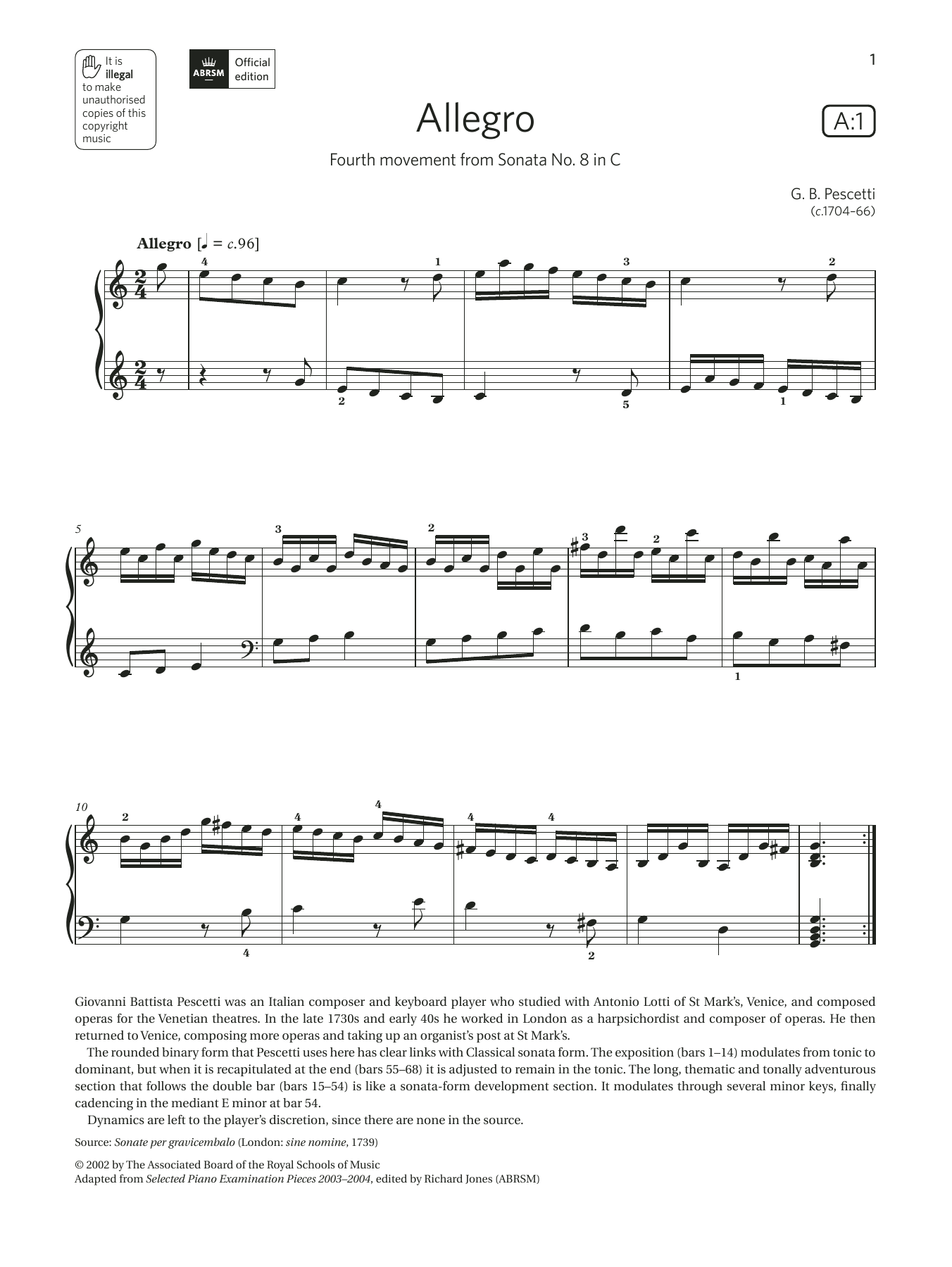 allegro grade 6 piano sheet