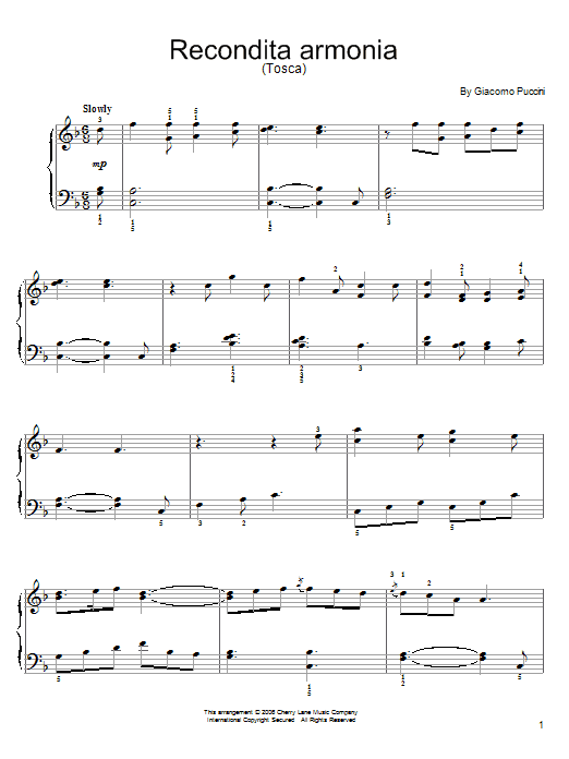 Learn to play Giacomo Puccini Recondita Armonia sheet music for Easy Piano in minutes. Price: 6.9900$ Giacomo Puccini Recondita Armonia sheet music notes and chords arranged for Easy Piano