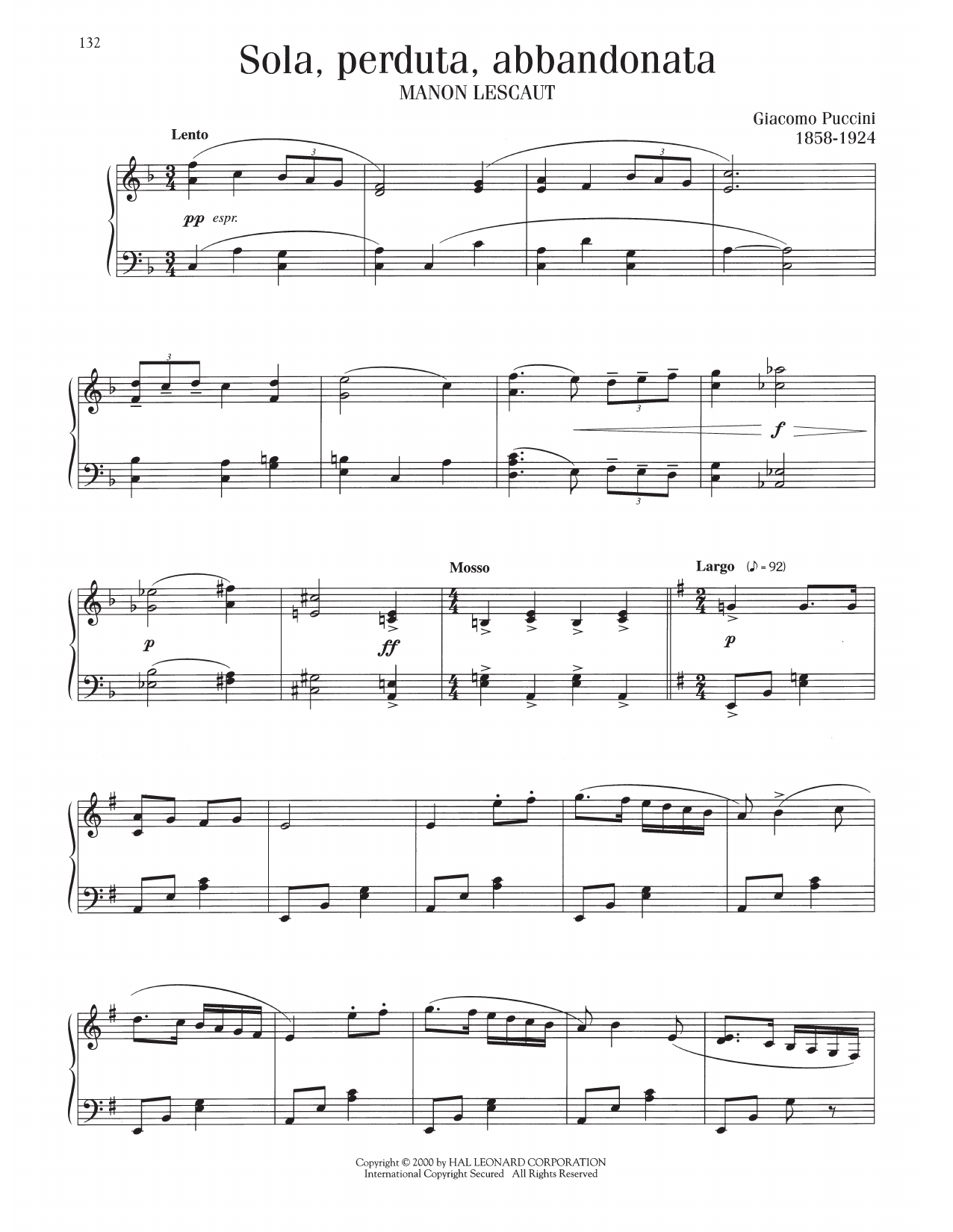 Giacomo Puccini Sola, Perduta, Abbandonata sheet music notes and chords. Download Printable PDF.