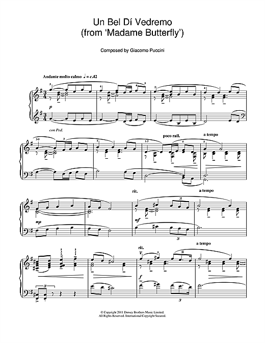Learn to play Giacomo Puccini Un Bel Dí Vedremo (from ‘Madame Butterfly') sheet music for Piano Solo in minutes. Giacomo Puccini Un Bel Dí Vedremo (from ‘Madame Butterfly') sheet music notes and chords. Download Printable PDF.