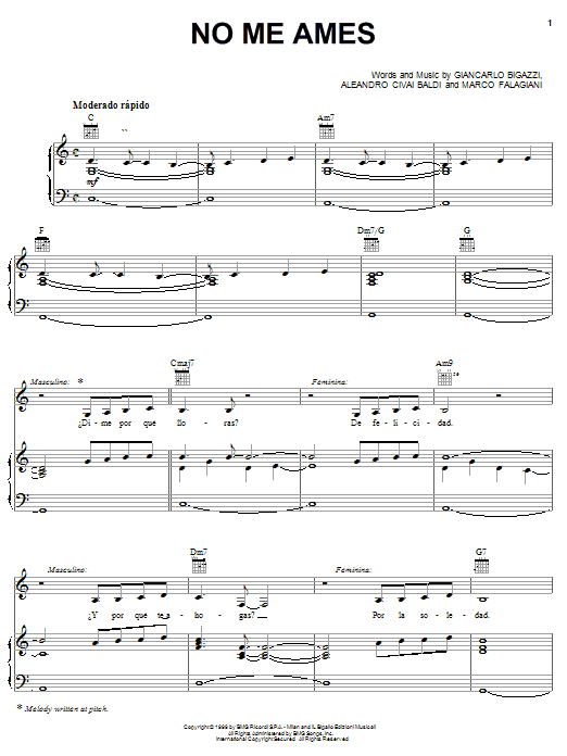 Giancarlo Bigazzi No Me Ames sheet music notes and chords. Download Printable PDF.