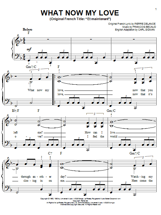Learn to play Gilbert Becaud What Now My Love sheet music for Easy Piano in minutes. Price: 6.9900$ Gilbert Becaud What Now My Love sheet music notes and chords arranged for Easy Piano