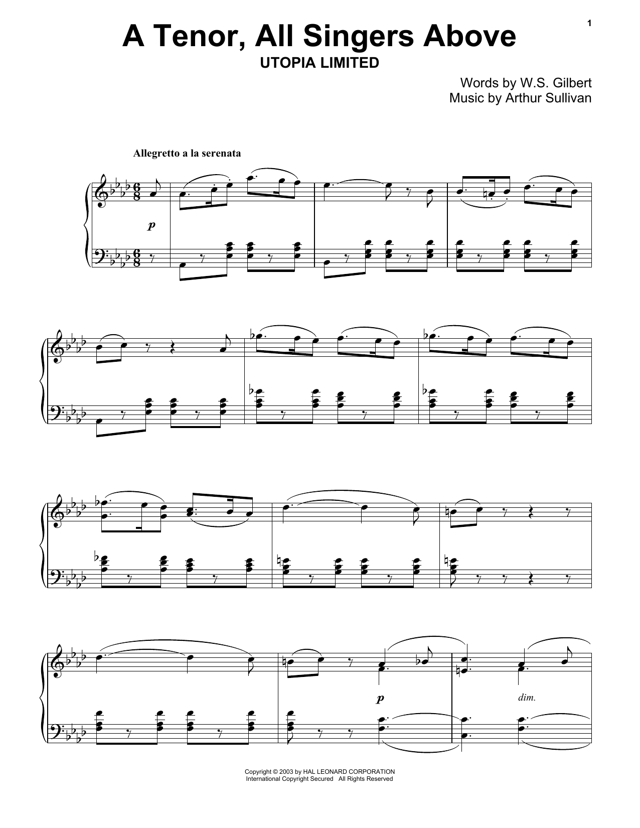 Gilbert Sullivan A Tenor All Singers Above Sheet Music Pdf Notes Chords Classical Score Piano Vocal Download Printable Sku 174410