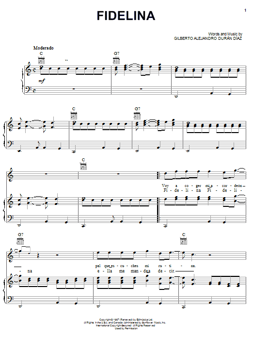 Learn to play Gilberto Alejandro Duran Diaz Fidelina sheet music for Piano, Vocal & Guitar (Right-Hand Melody) in minutes. Gilberto Alejandro Duran Diaz Fidelina sheet music notes and chords. Download Printable PDF.