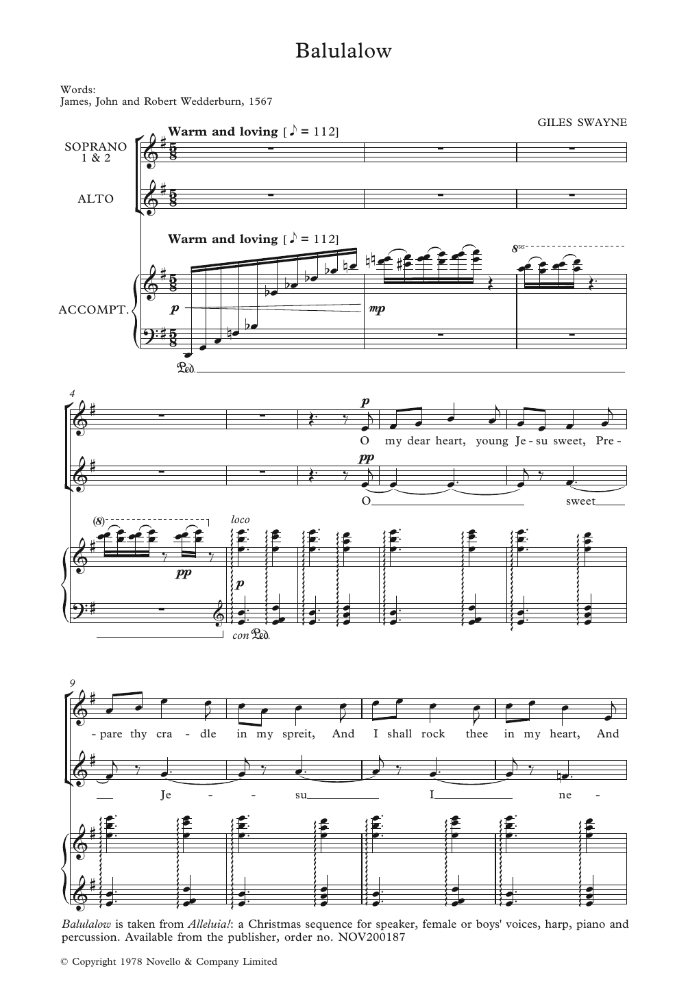 Giles Swayne Balulalow sheet music notes and chords. Download Printable PDF.