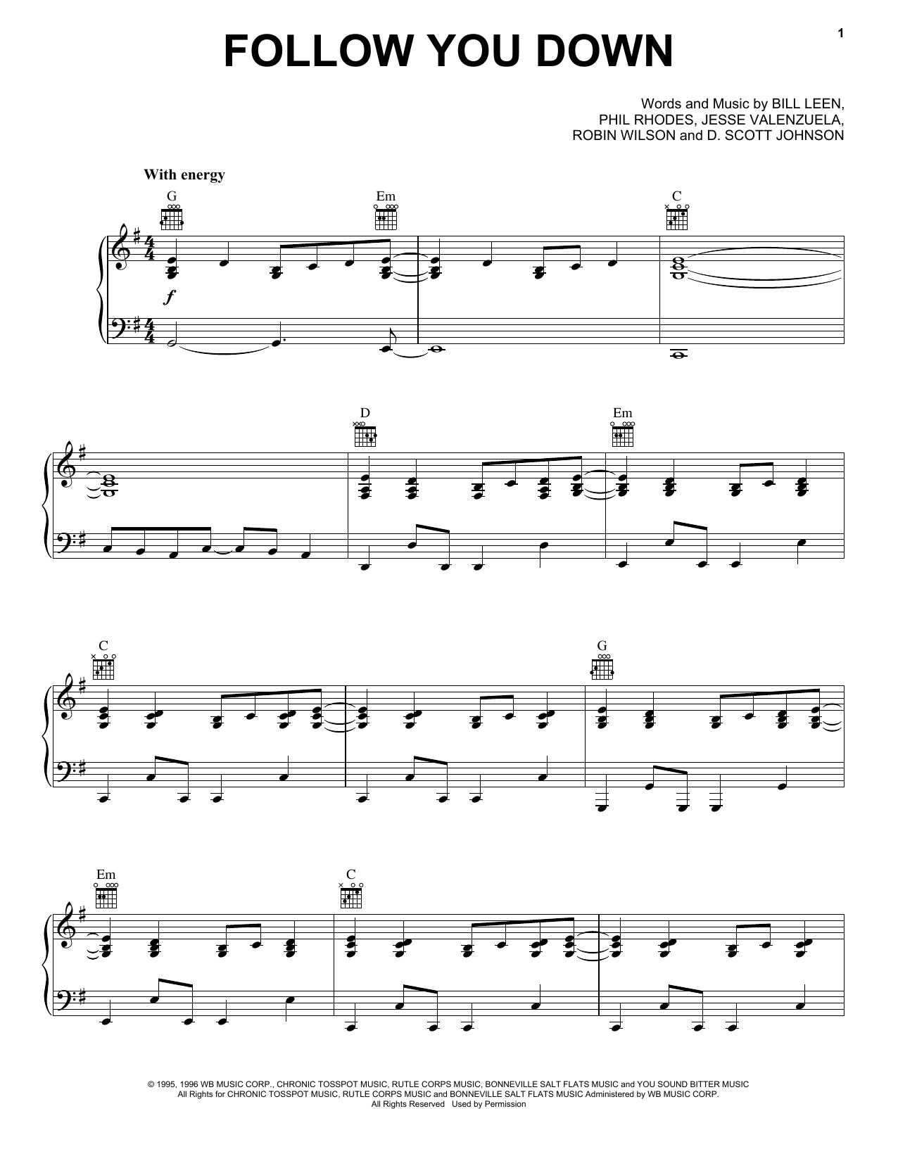 Gin Blossoms Follow You Down sheet music notes and chords. Download Printable PDF.