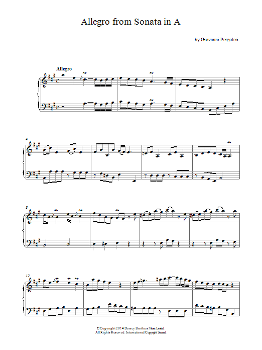 Learn to play Giovanni Battista Pergolesi Allegro (Harpsichord Sonata In A Major) sheet music for Piano Solo in minutes. Giovanni Battista Pergolesi Allegro (Harpsichord Sonata In A Major) sheet music notes and chords. Download Printable PDF.