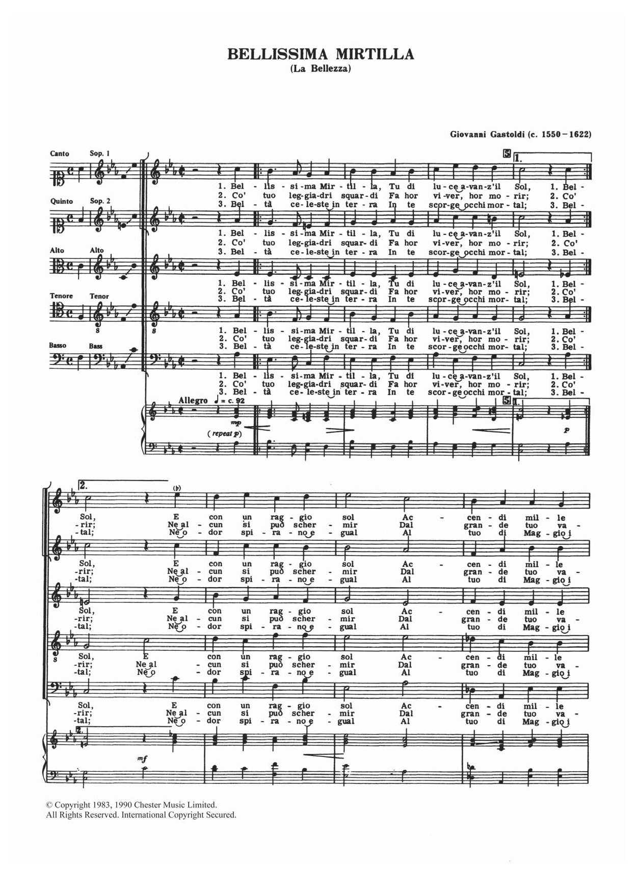 Giovanni Giacomo Gastoldi Bellissima Mirtilla sheet music notes and chords. Download Printable PDF.