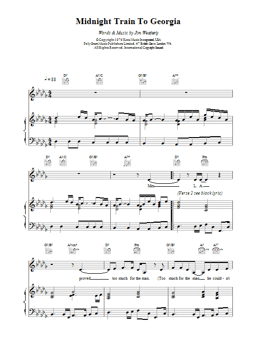 Gladys Knight & The Pips Midnight Train To Georgia sheet music notes and chords. Download Printable PDF.