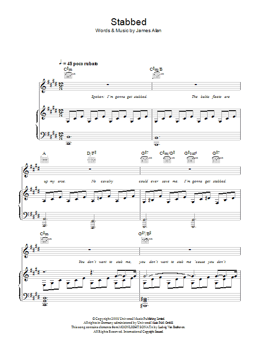 Glasvegas Stabbed sheet music notes and chords. Download Printable PDF.