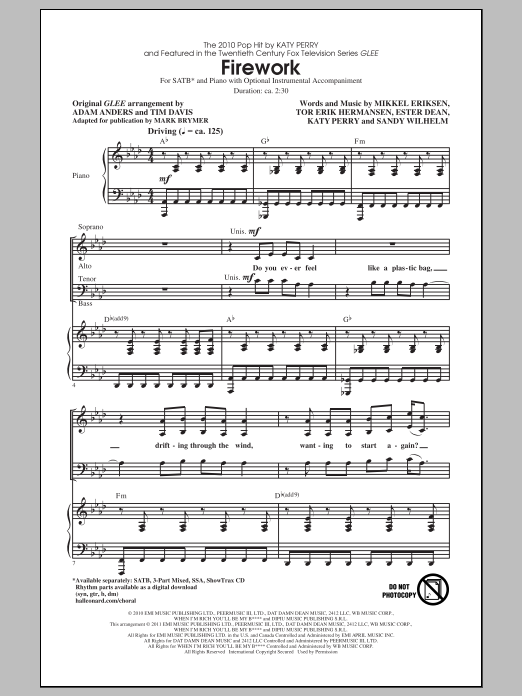 Learn to play Glee Cast Firework (arr. Mark Brymer) sheet music for SATB Choir in minutes. Price: 3.9900$ Glee Cast Firework (arr. Mark Brymer) sheet music notes and chords arranged for SATB Choir