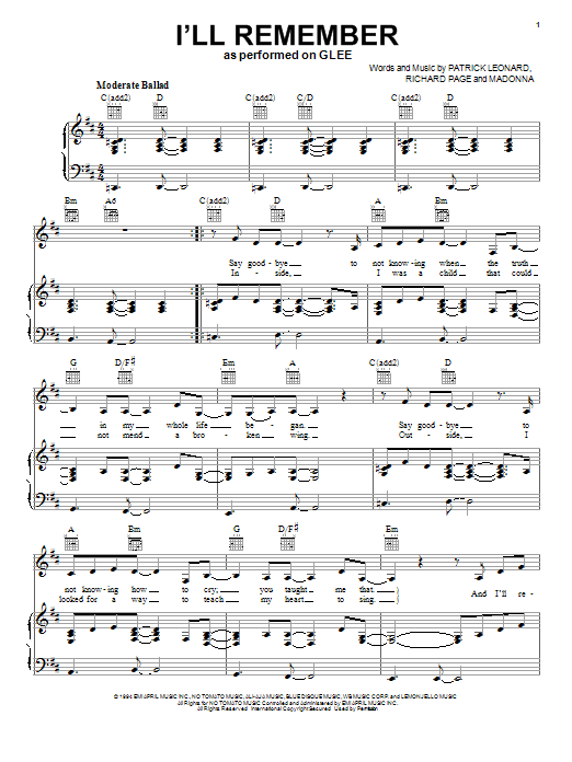 Glee Cast I'll Remember sheet music notes and chords. Download Printable PDF.