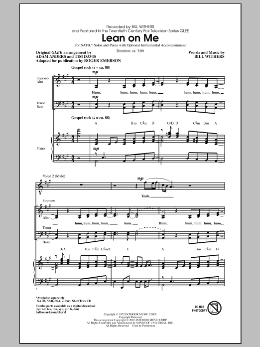 Learn to play Roger Emerson Lean On Me sheet music for SSA Choir in minutes. Price: 3.9900$ Roger Emerson Lean On Me sheet music notes and chords arranged for SSA Choir