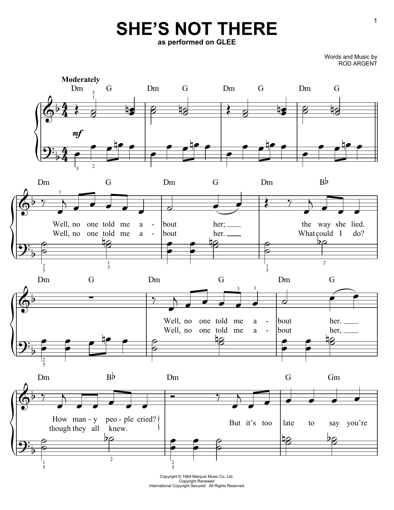 Learn to play Glee Cast She's Not There sheet music for Easy Piano in minutes. Price: 6.9900$ Glee Cast She's Not There sheet music notes and chords arranged for Easy Piano