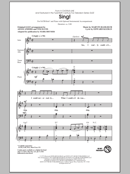 Learn to play Mark Brymer Sing! sheet music for SATB Choir in minutes. Price: 3.9900$ Mark Brymer Sing! sheet music notes and chords arranged for SATB Choir
