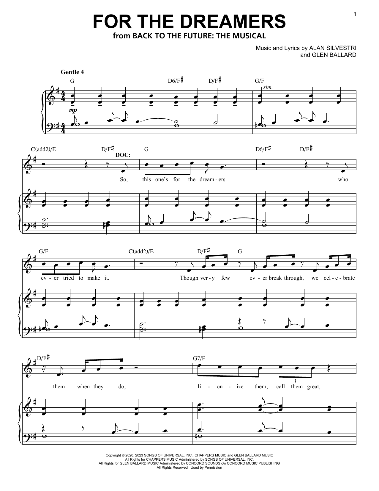 Glen Ballard and Alan Silvestri For The Dreamers (from Back To The Future: The Musical) sheet music notes and chords. Download Printable PDF.