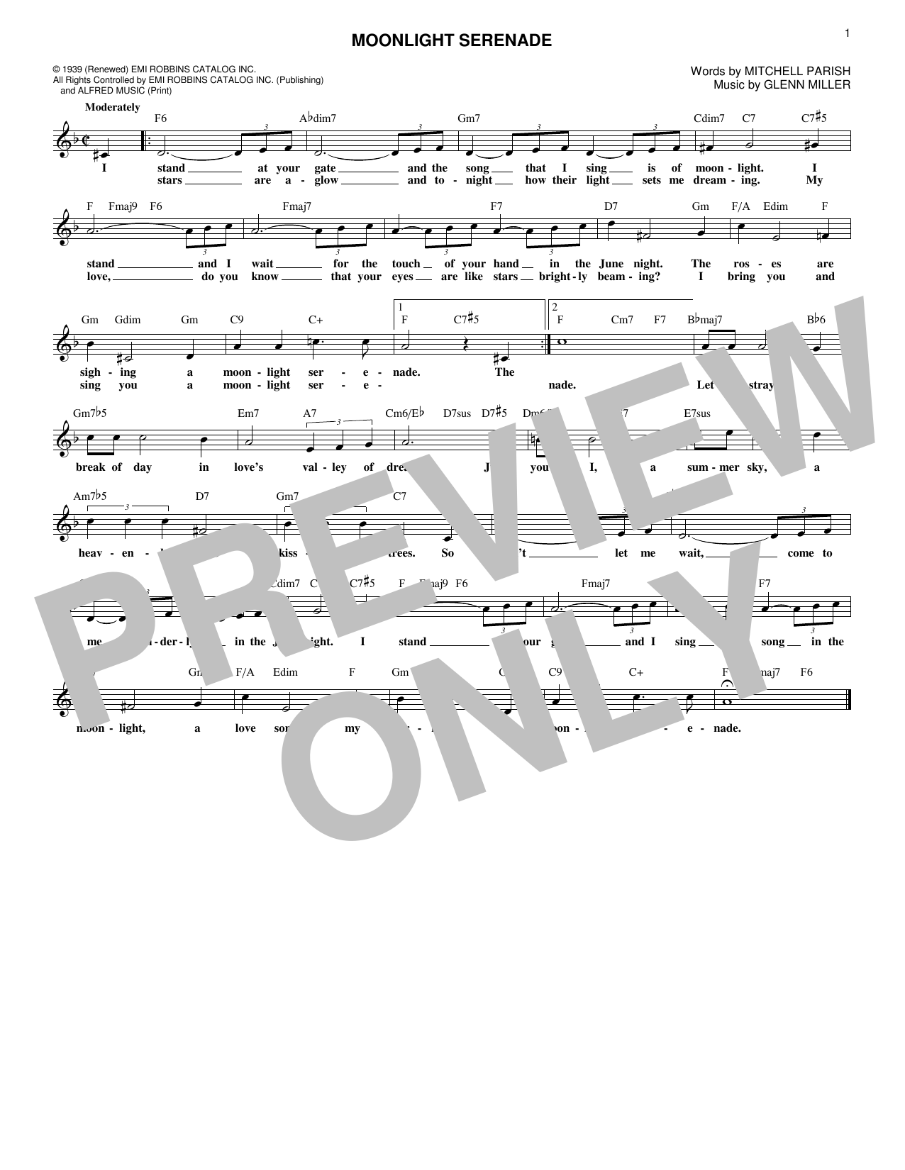 Learn to play Glen Miller Moonlight Serenade sheet music for Lead Sheet / Fake Book in minutes. Glen Miller Moonlight Serenade sheet music notes and chords. Download Printable PDF.