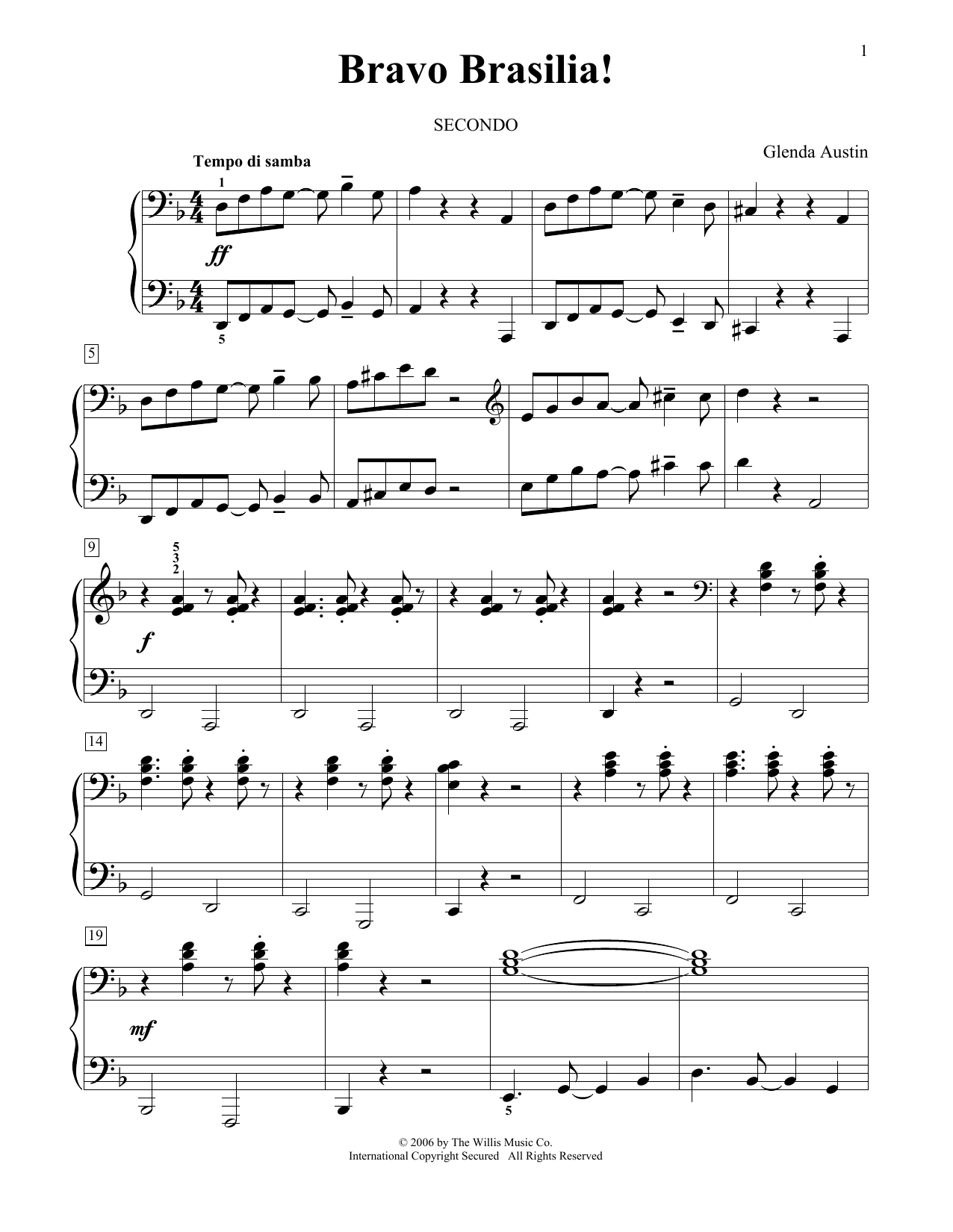 Learn to play Glenda Austin Bravo Brasilia! sheet music for Piano Duet in minutes. Glenda Austin Bravo Brasilia! sheet music notes and chords. Download Printable PDF.