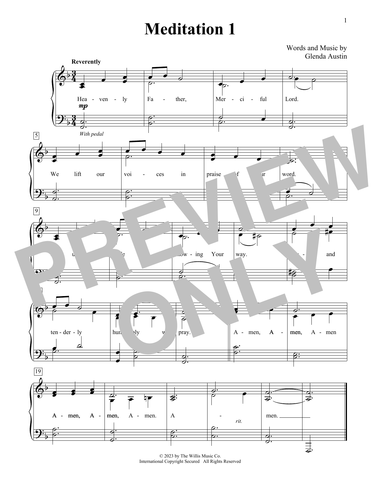 Glenda Austin Meditation 1 sheet music notes and chords. Download Printable PDF.