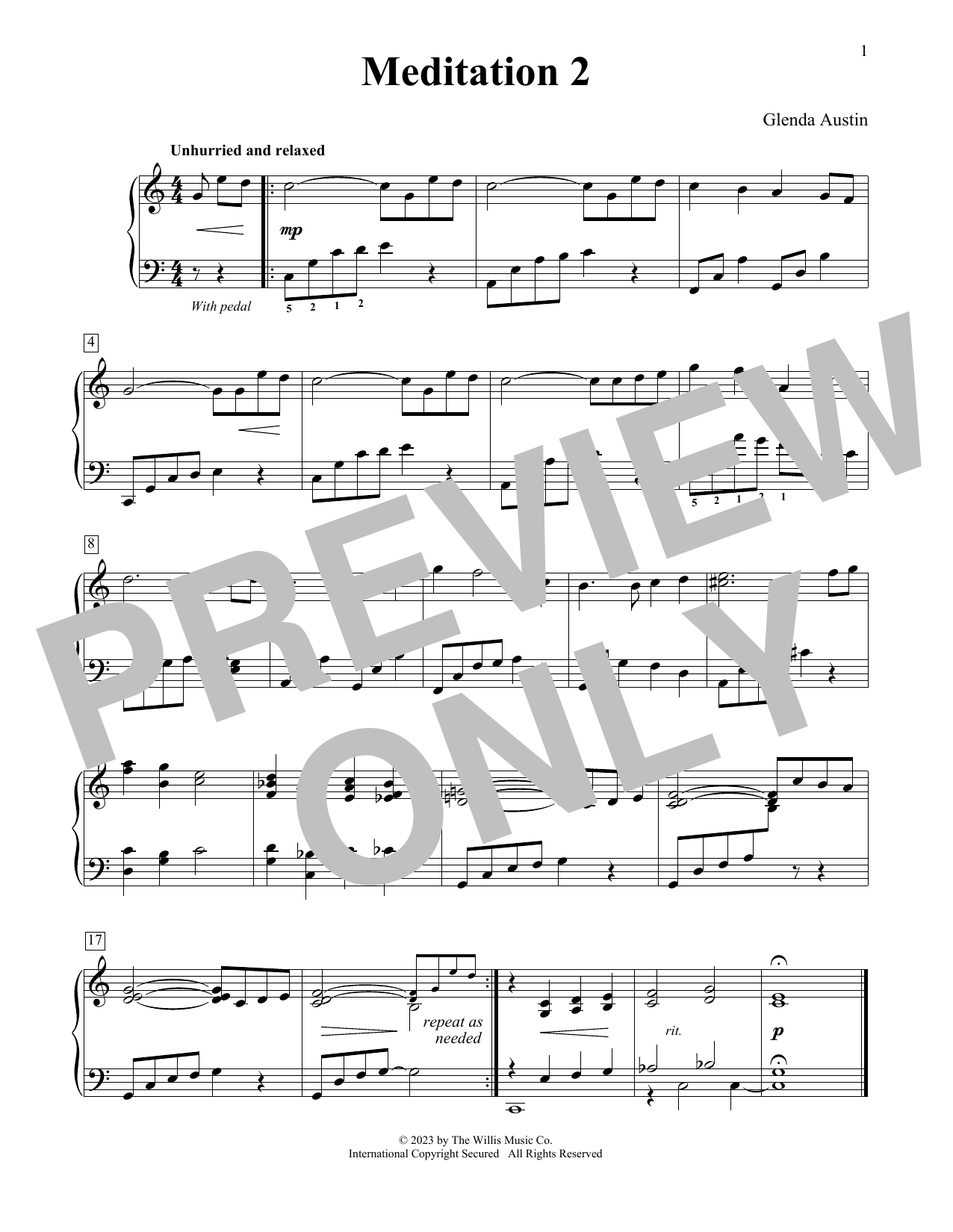 Glenda Austin Meditation 2 sheet music notes and chords. Download Printable PDF.