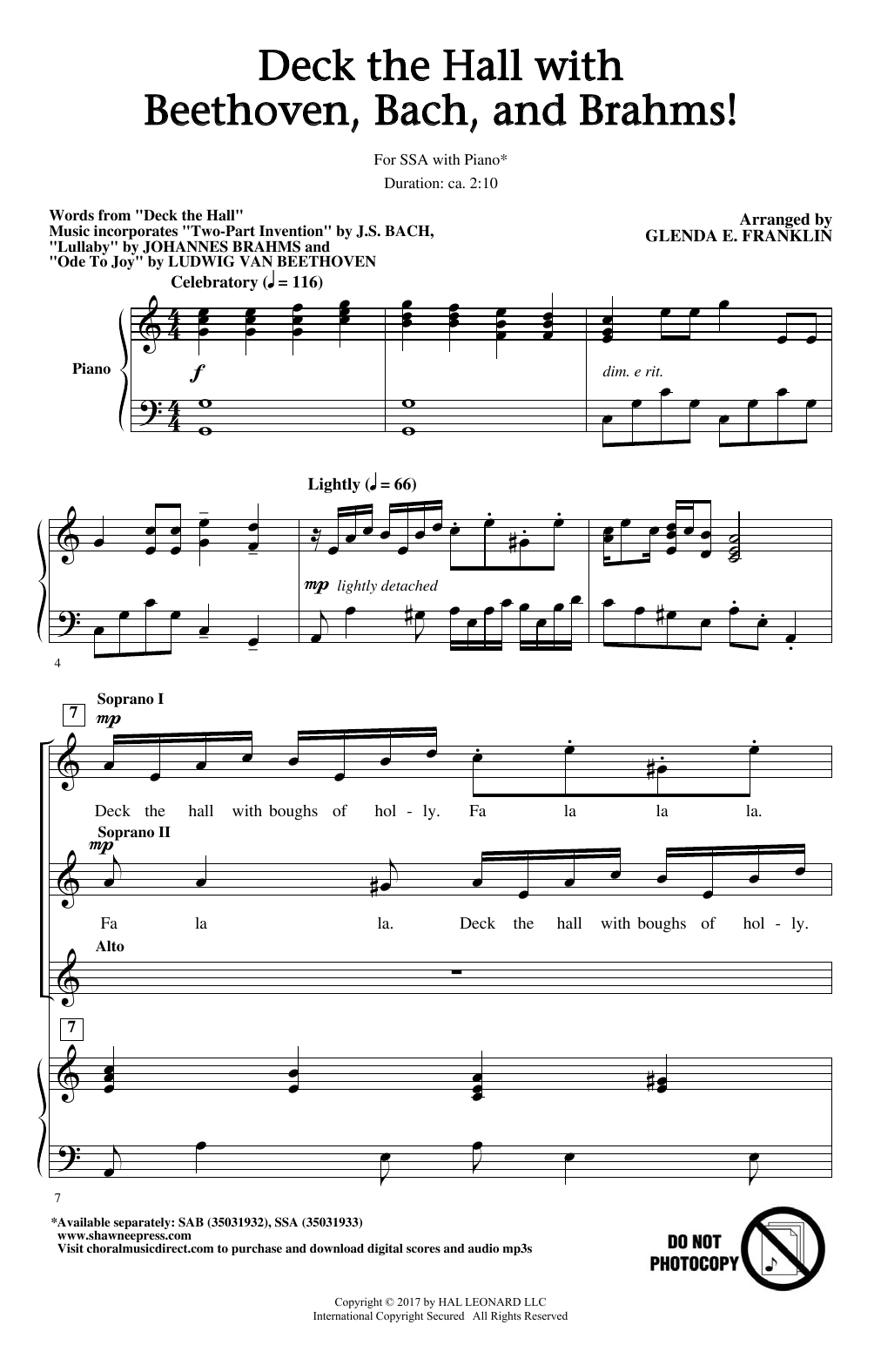 Learn to play Glenda E. Franklin Deck The Hall With Beethoven, Bach, and Brahms! sheet music for SSA Choir in minutes. Price: 3.9900$ Glenda E. Franklin Deck The Hall With Beethoven, Bach, and Brahms! sheet music notes and chords arranged for SSA Choir