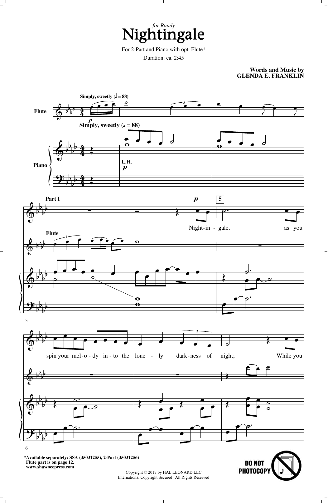 Glenda E. Franklin Nightingale sheet music notes and chords. Download Printable PDF.