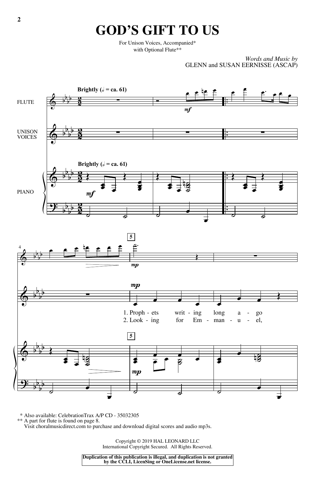 Learn to play Glenn & Susan Eernisse God's Gift To Us sheet music for Unison Choir in minutes. Price: 3.9900$ Glenn & Susan Eernisse God's Gift To Us sheet music notes and chords arranged for Unison Choir