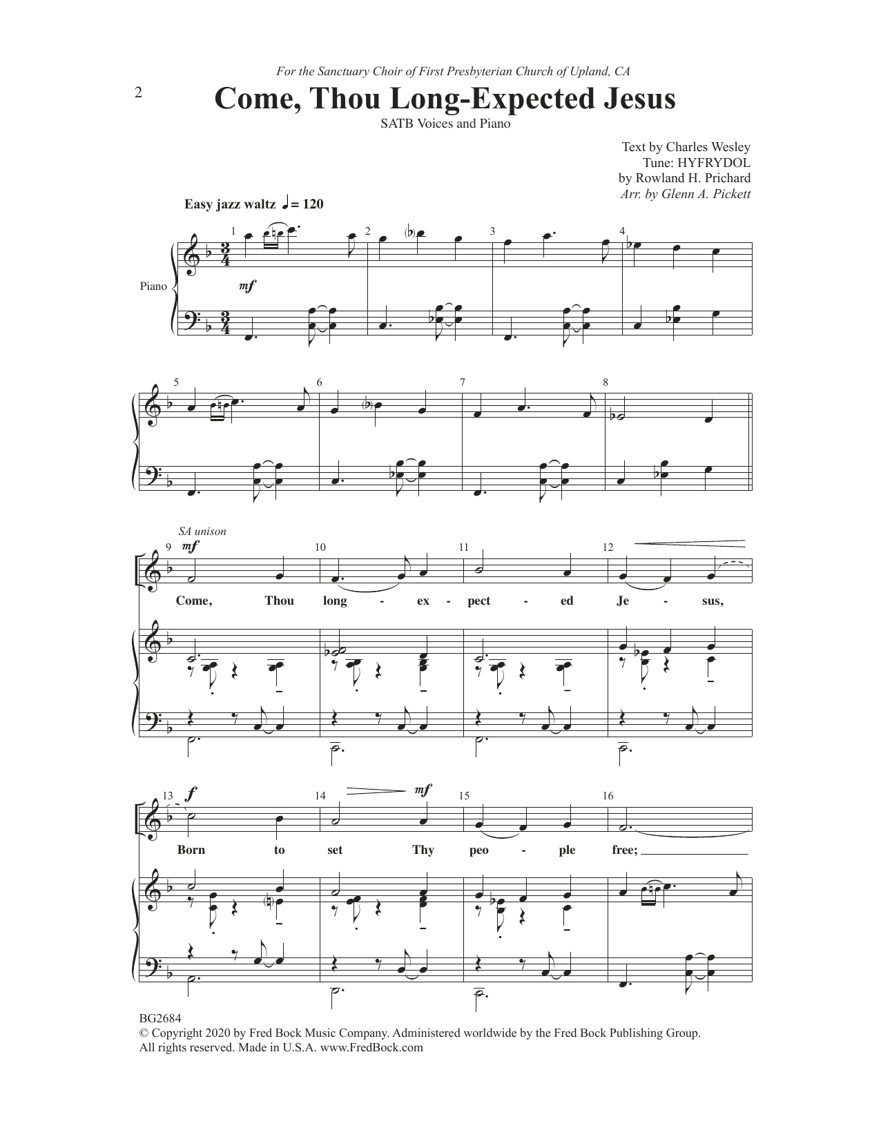 Learn to play Glenn Pickett Come, Thou Long-Expected Jesus sheet music for SATB Choir in minutes. Price: 3.9900$ Glenn Pickett Come, Thou Long-Expected Jesus sheet music notes and chords arranged for SATB Choir