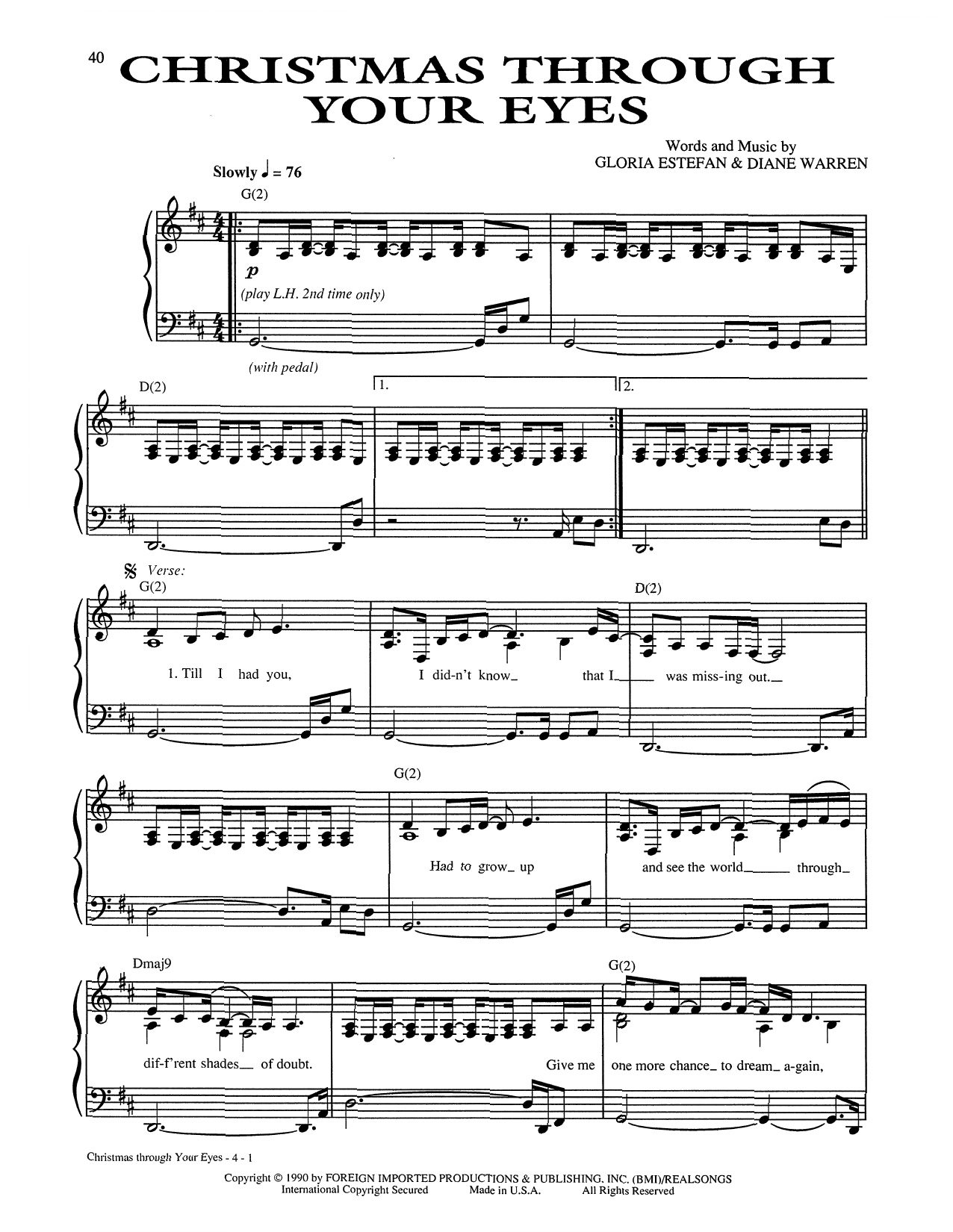 Learn to play Gloria Estefan Christmas Through Your Eyes sheet music for Piano, Vocal & Guitar Chords (Right-Hand Melody) in minutes. Price: 6.9900$ Gloria Estefan Christmas Through Your Eyes sheet music notes and chords arranged for Piano, Vocal & Guitar Chords (Right-Hand Melody)