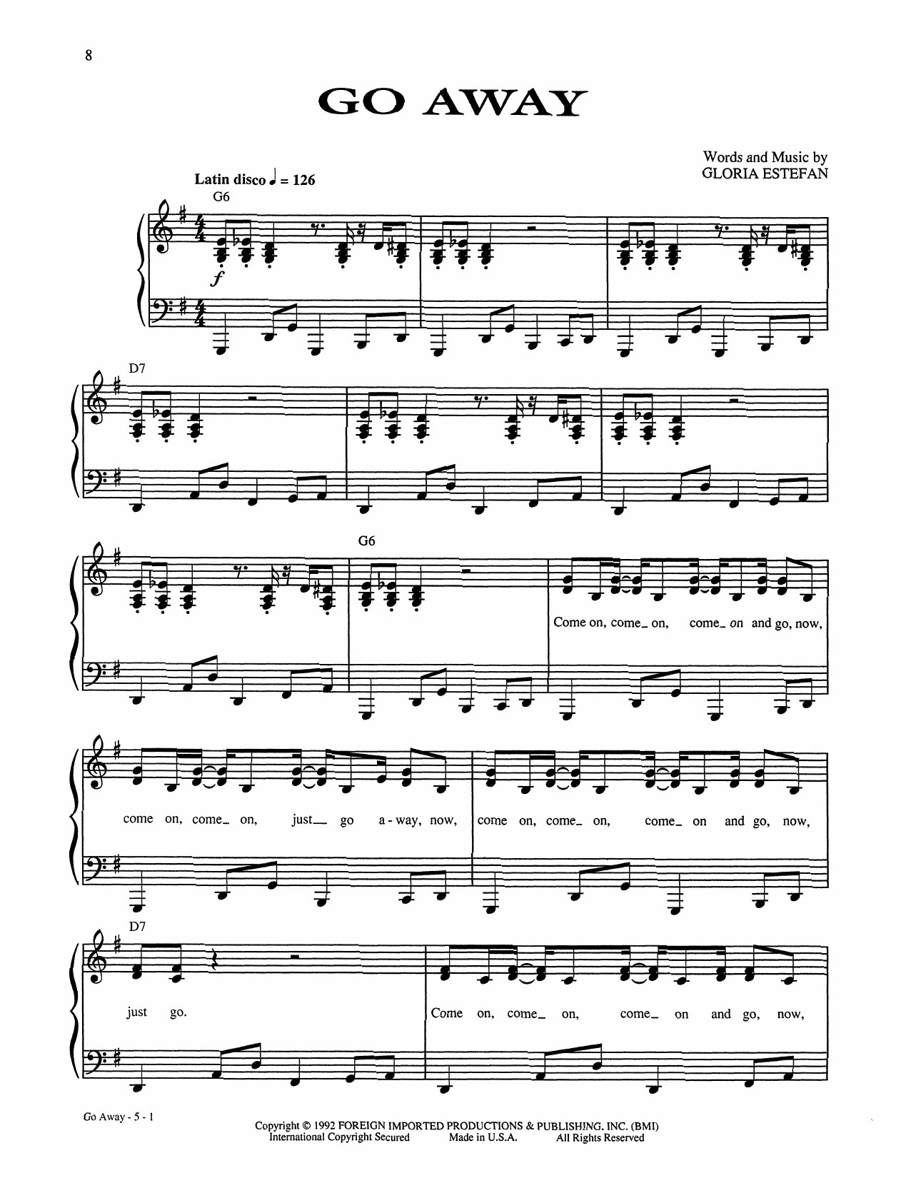 Gloria Estefan Go Away sheet music notes and chords. Download Printable PDF.