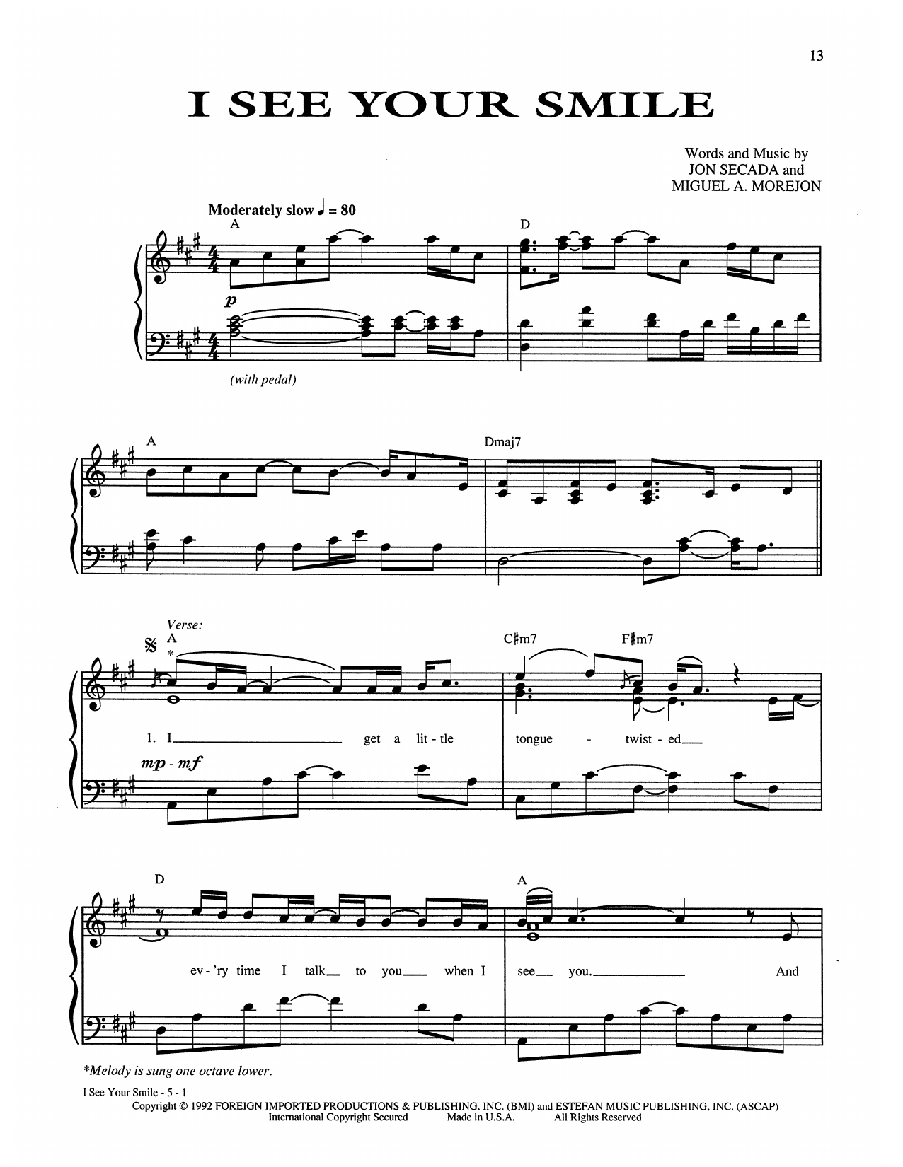 Learn to play Gloria Estefan I See Your Smile sheet music for Piano, Vocal & Guitar Chords (Right-Hand Melody) in minutes. Price: 6.9900$ Gloria Estefan I See Your Smile sheet music notes and chords arranged for Piano, Vocal & Guitar Chords (Right-Hand Melody)