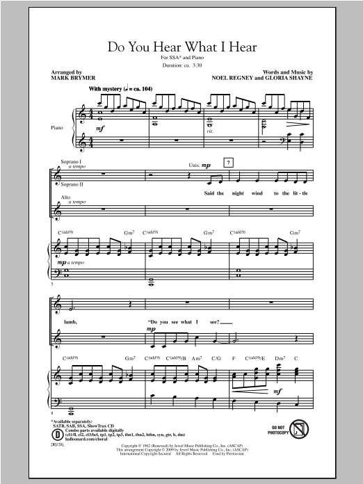 Learn to play Gloria Shayne Do You Hear What I Hear (arr. Mark Brymer) sheet music for SAB Choir in minutes. Price: 3.9900$ Gloria Shayne Do You Hear What I Hear (arr. Mark Brymer) sheet music notes and chords arranged for SAB Choir