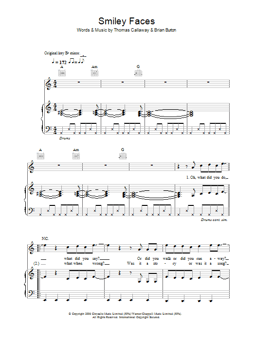 Learn to play Gnarls Barkley Smiley Faces sheet music for Piano, Vocal & Guitar (Right-Hand Melody) in minutes. Gnarls Barkley Smiley Faces sheet music notes and chords. Download Printable PDF.